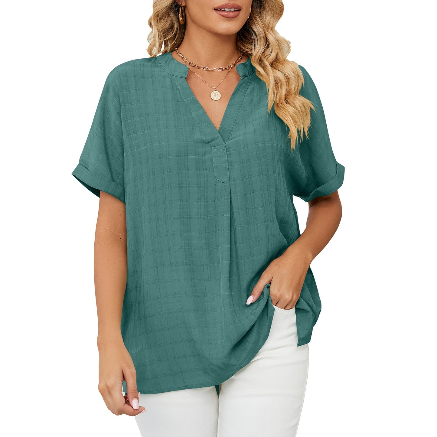V-Neck Casual Loose Fit Pullover Shirt