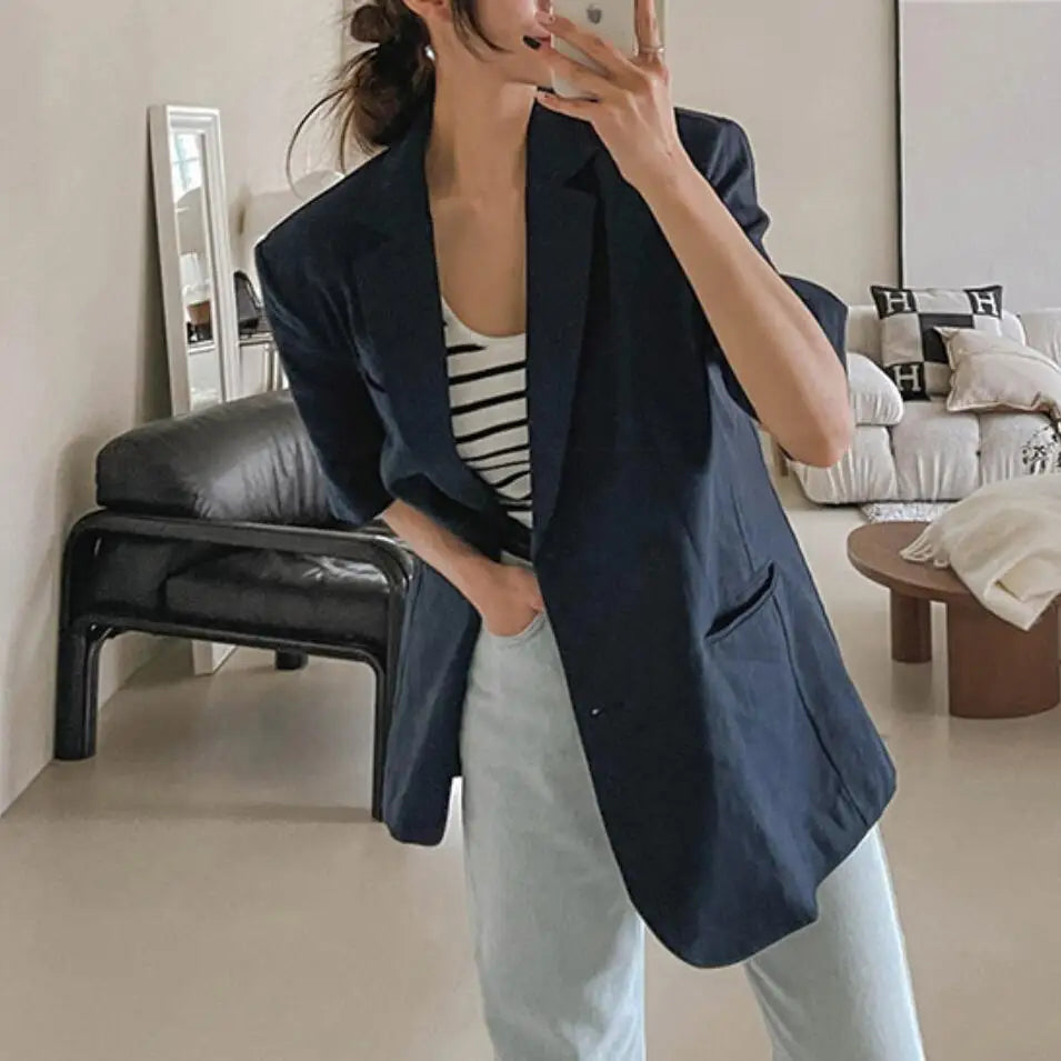 Vintage Short-Sleeve Cotton Linen Blazer