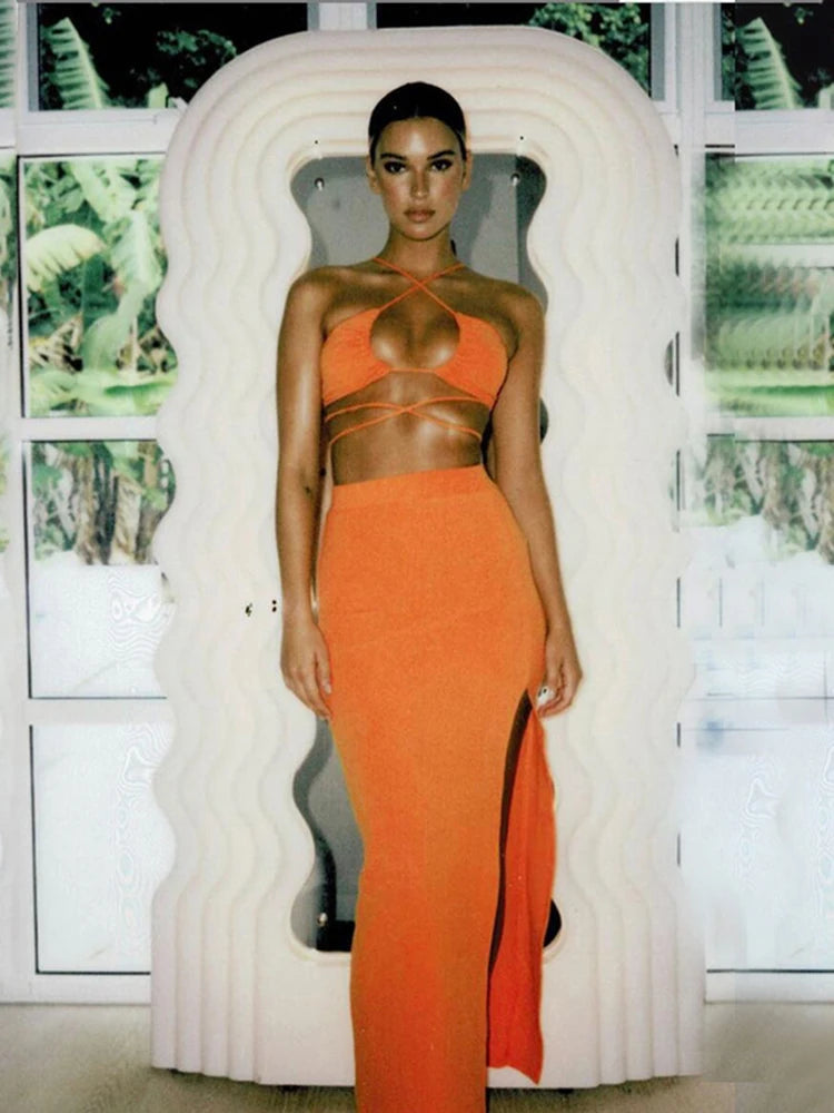 Hollow Out Crop Top & High-Slit Skirt Set