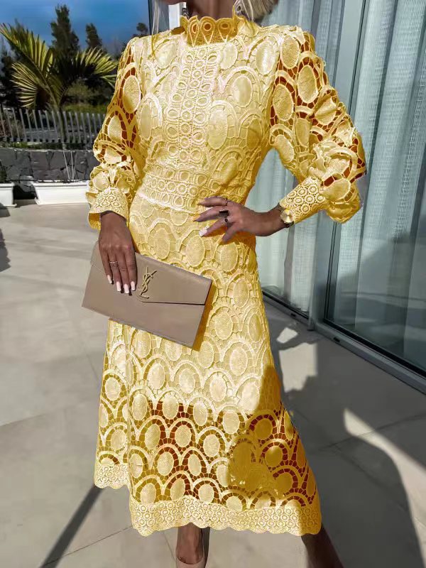 Lace Stand Collar Bubble Sleeve Dress