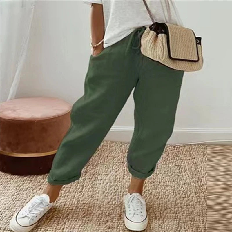 Cotton Linen Elastic Waist Casual Pants