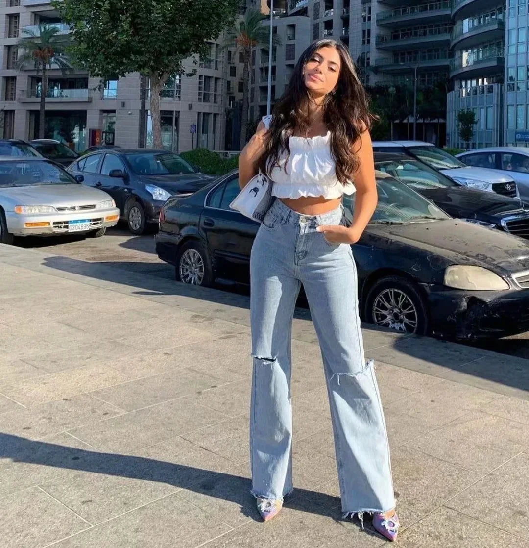 Denim Ripped High Waist Flare Jeans