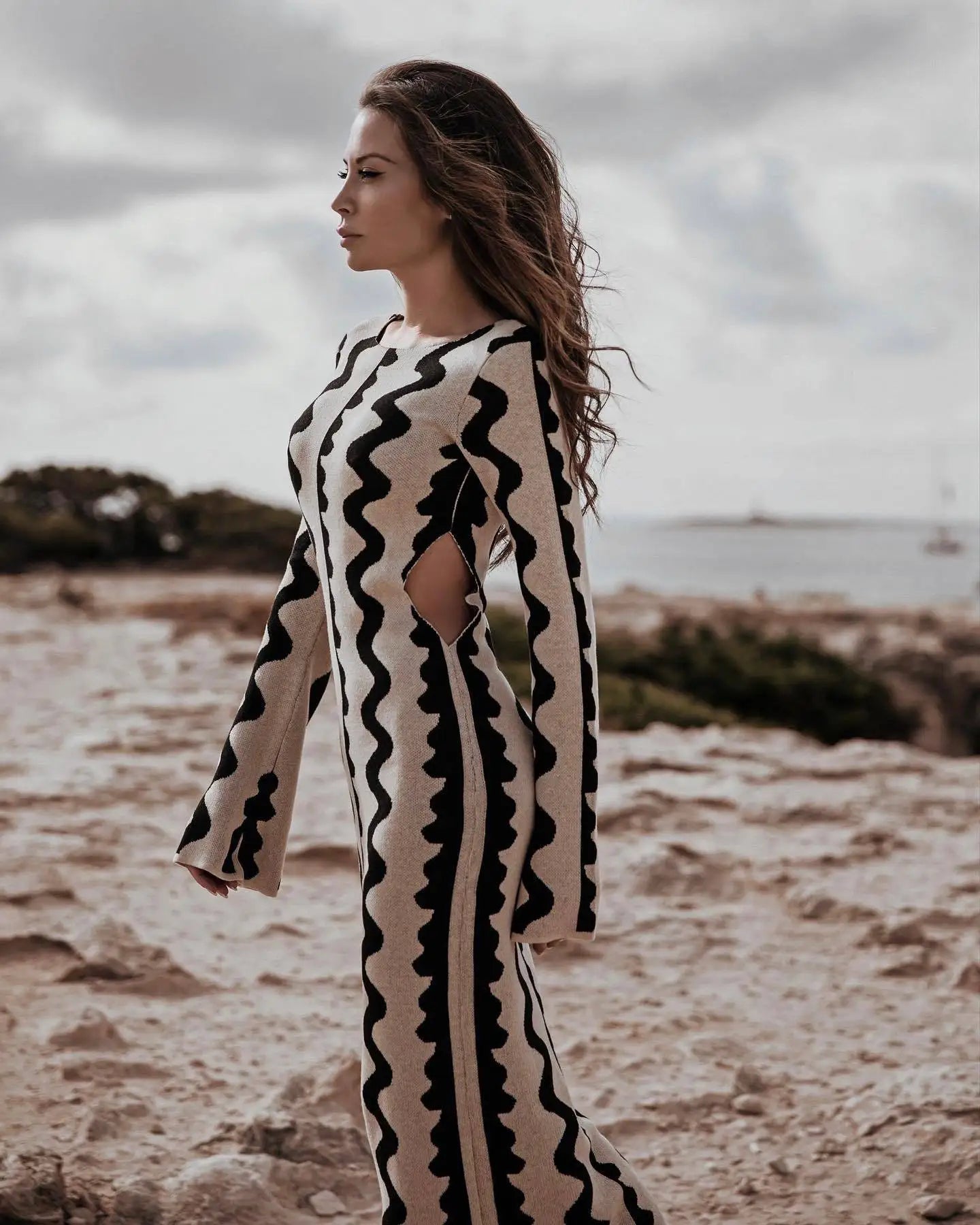 Vintage Ripple Knitted Side Cut Out Maxi Dress
