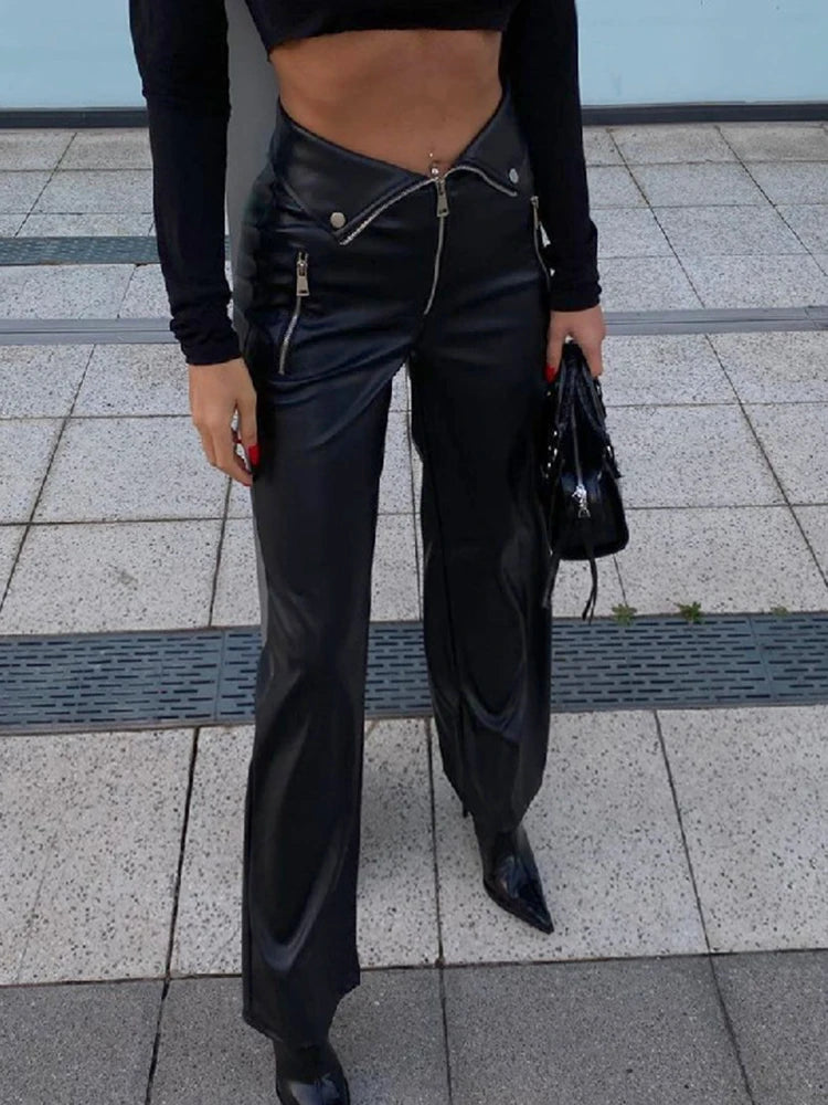 PU Leather High-Waisted Wide-Leg Pants