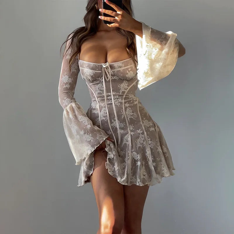 Square Neck Lace Corset Mini Dress