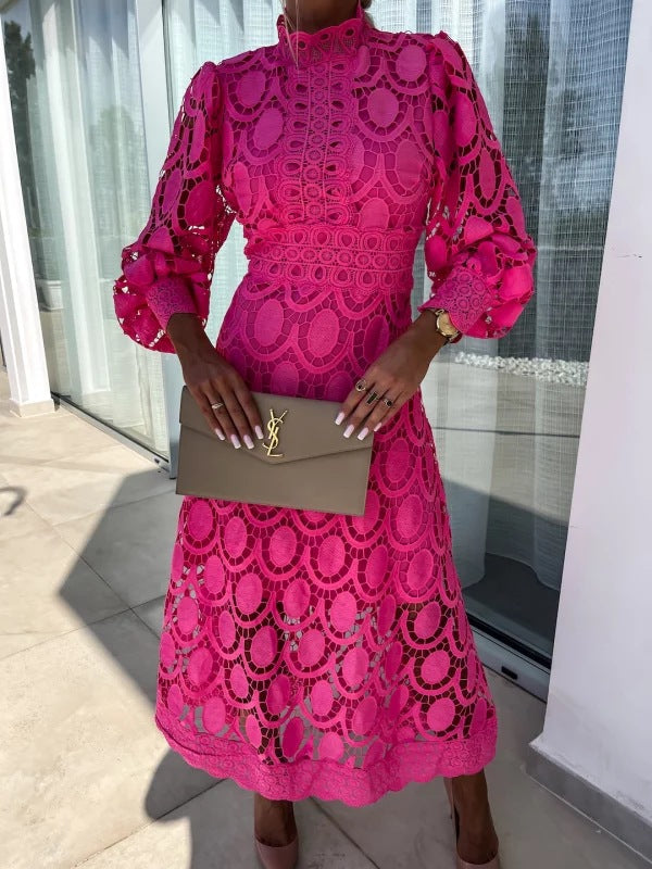 Lace Stand Collar Bubble Sleeve Dress