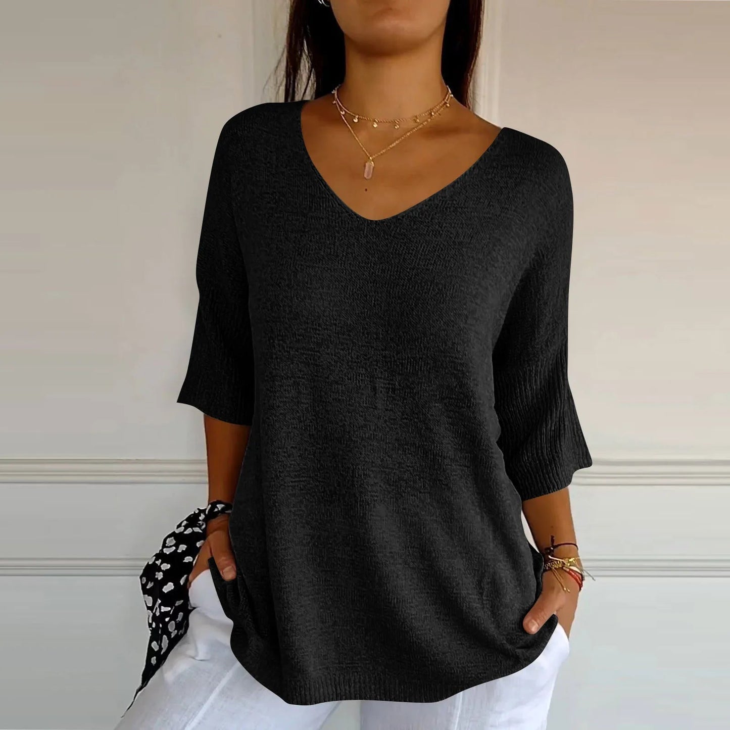 V-Neck Seven-Quarter Sleeve Knit Sweater
