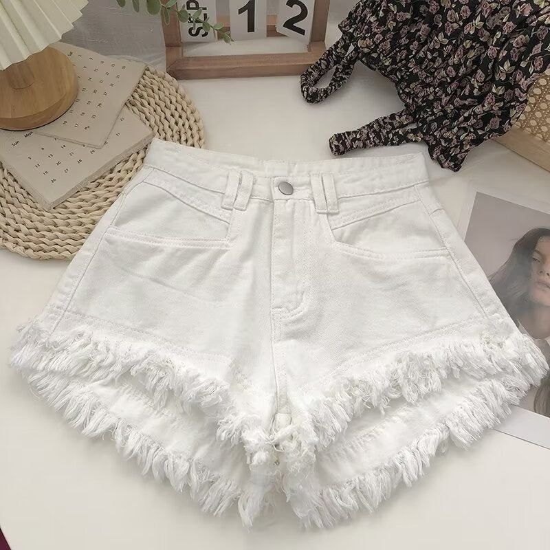High-Waisted Tassel Hem Denim Shorts