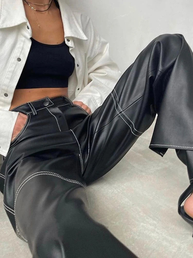 High-Waisted Slim Straight PU Leather Pants