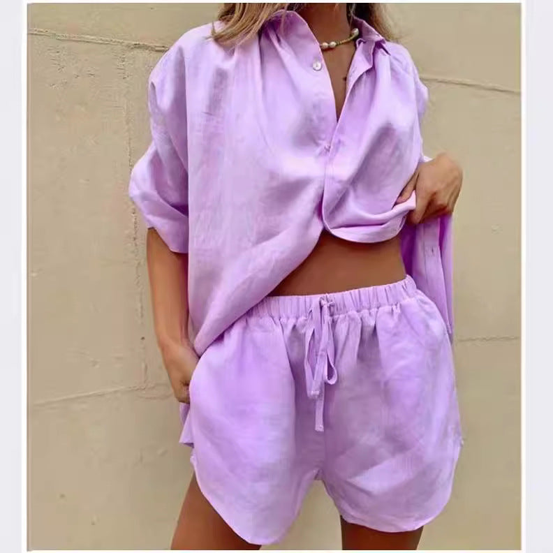 Short-Sleeve Shirt and Tie-Waist Shorts Two-Piece Set