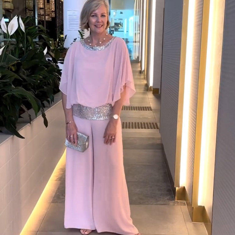 Sequin Patchwork Batwing Top and Wide Leg Pants Set
