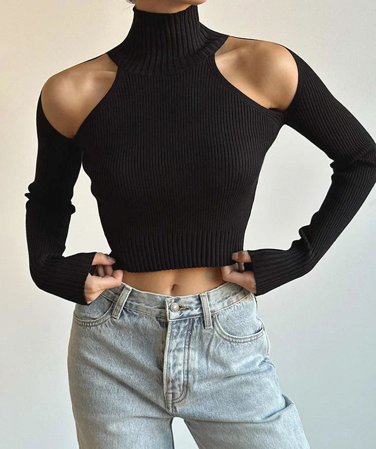 Ribbed Knit Cut-Out Turtleneck Top