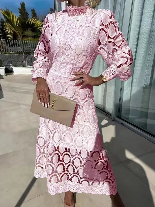 Lace Stand Collar Bubble Sleeve Dress