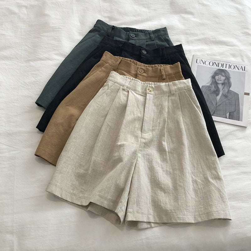 High-Waisted Cotton-Linen Casual Loose Shorts