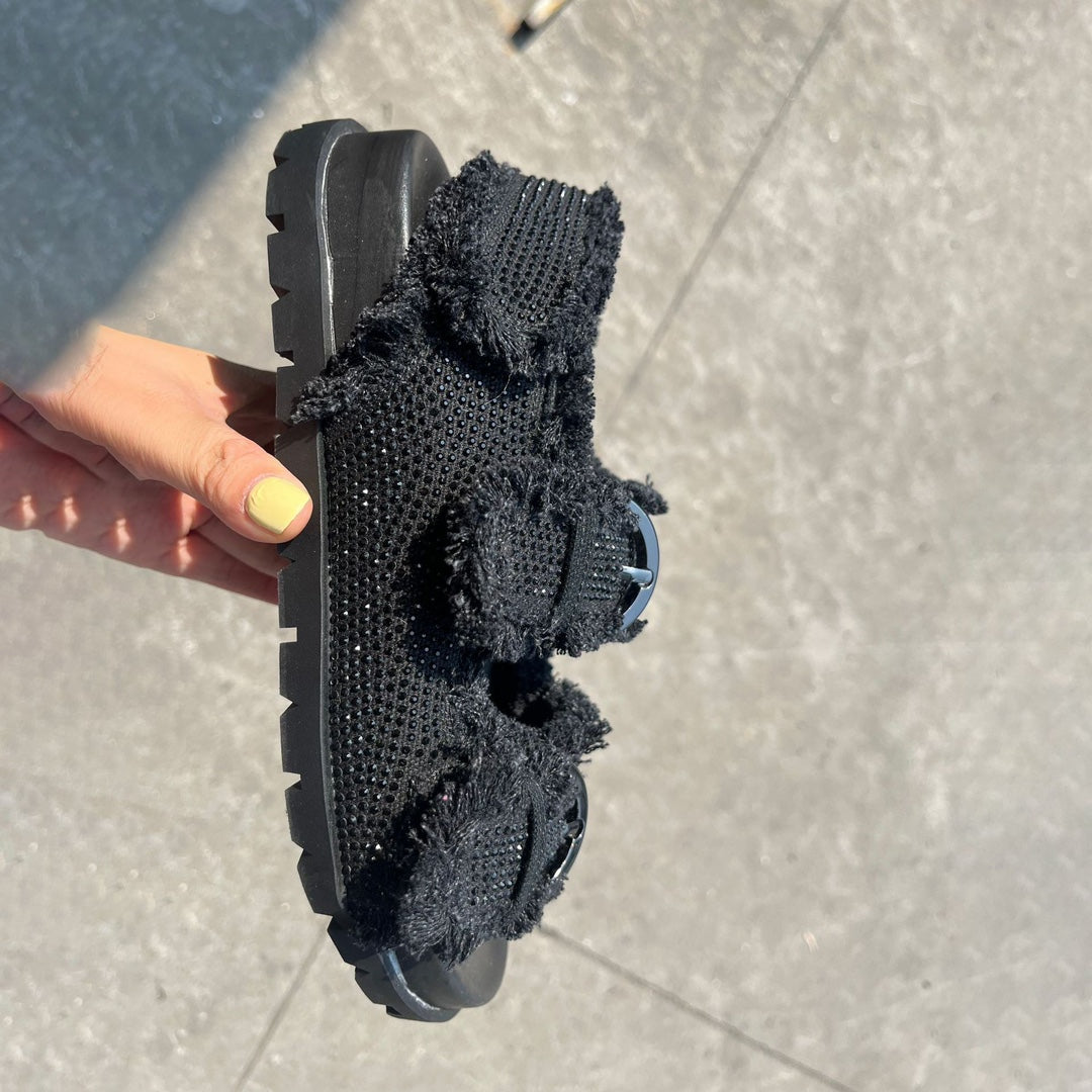 Black Rhinestone Embellished Thick Flat Sandals