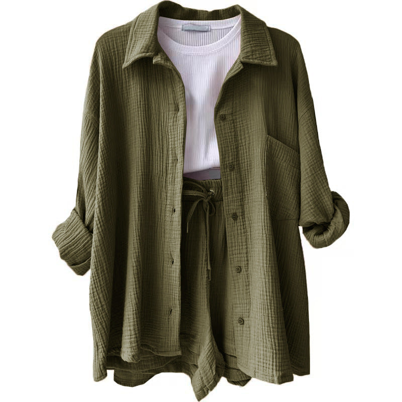 Crinkled Fabric Turn-Down Collar Shirt & High Waist Drawstring Shorts Set
