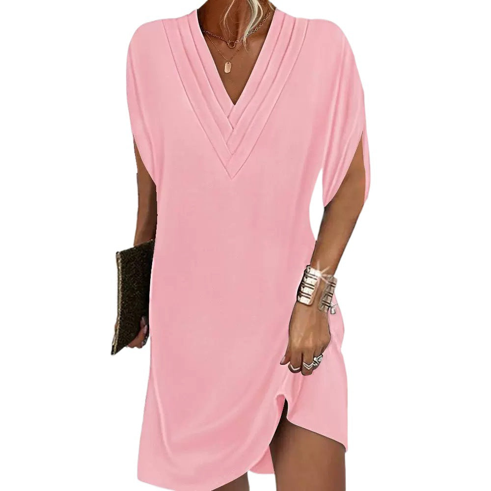 V-Neck Pleated Batwing Sleeve Dress