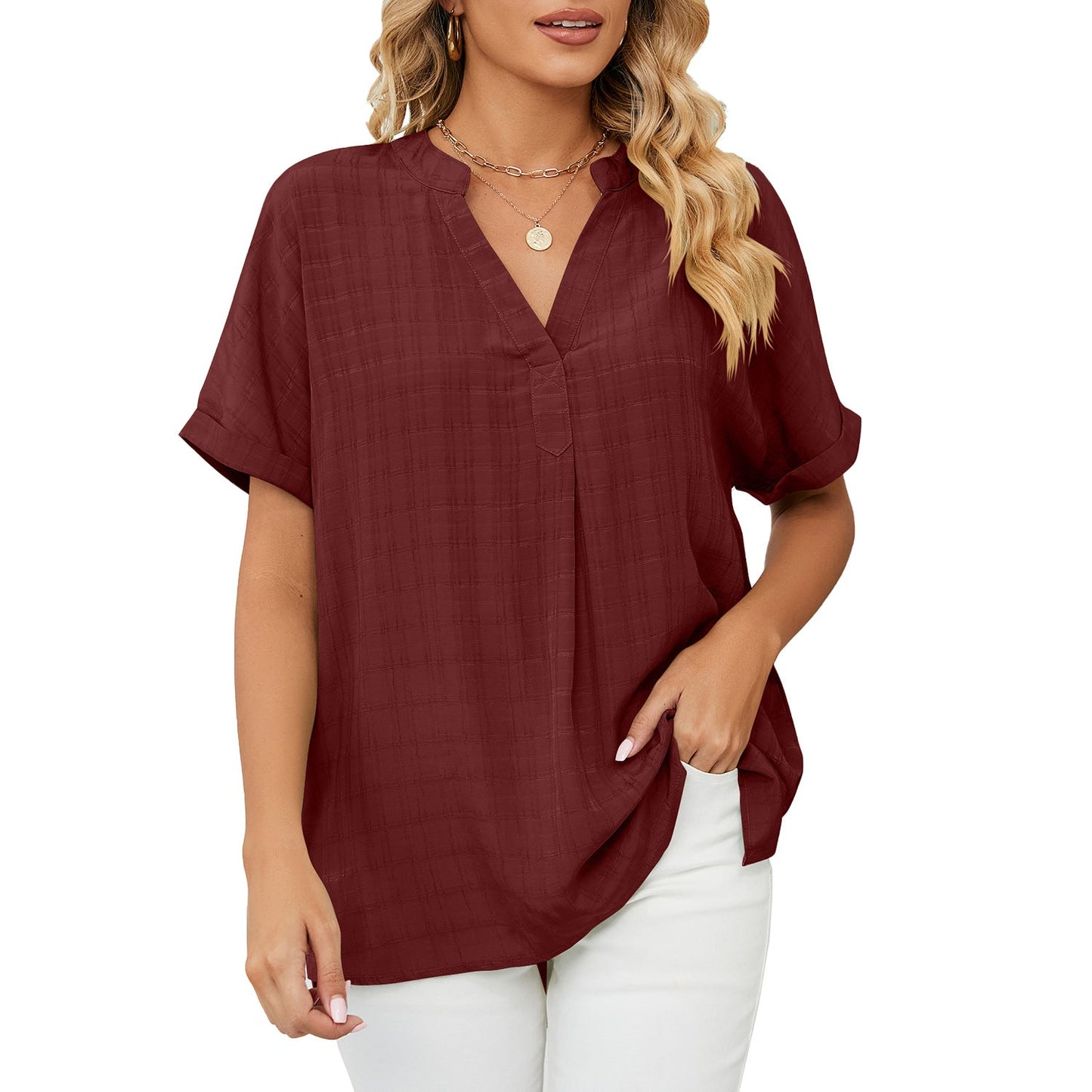 V-Neck Casual Loose Fit Pullover Shirt