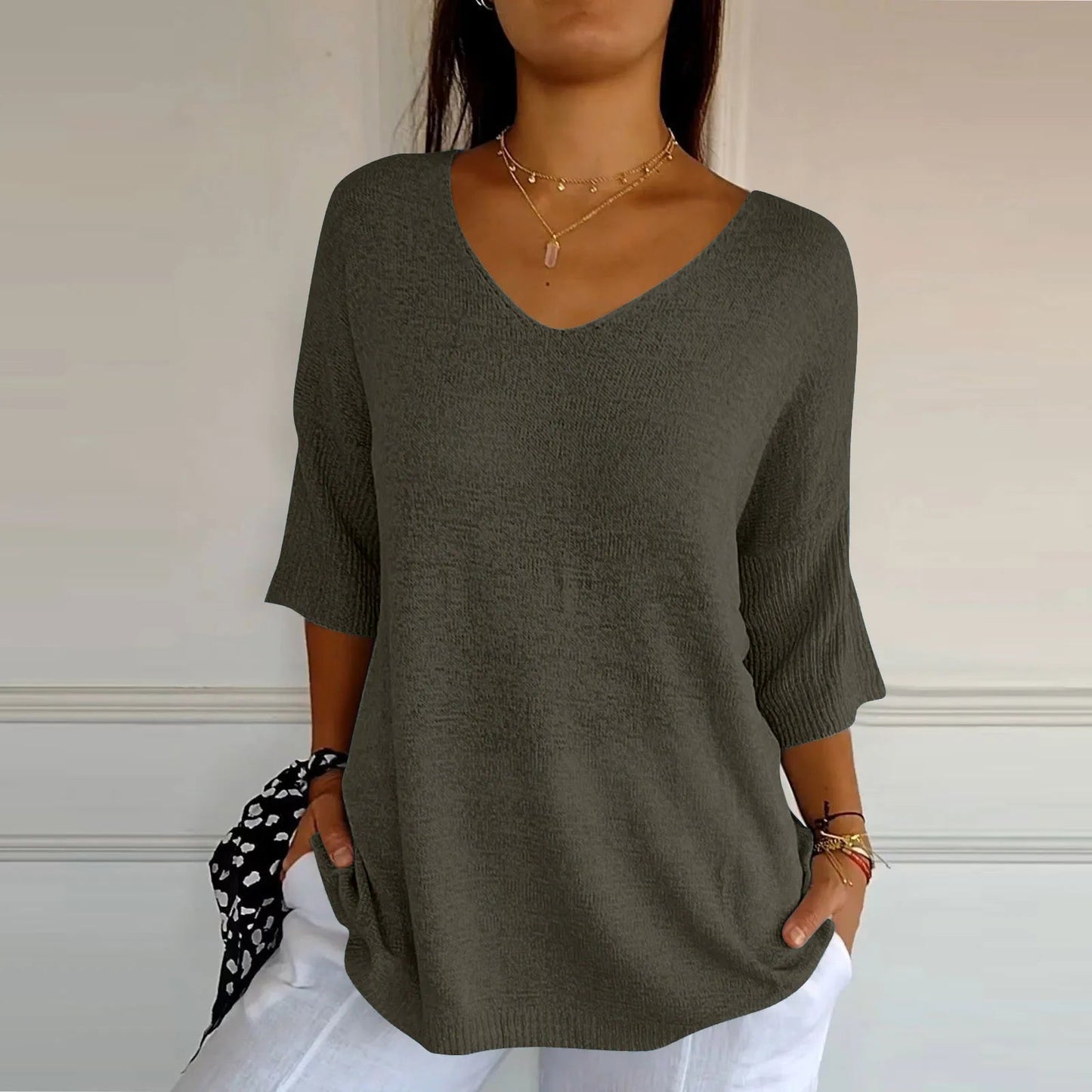 V-Neck Seven-Quarter Sleeve Knit Sweater