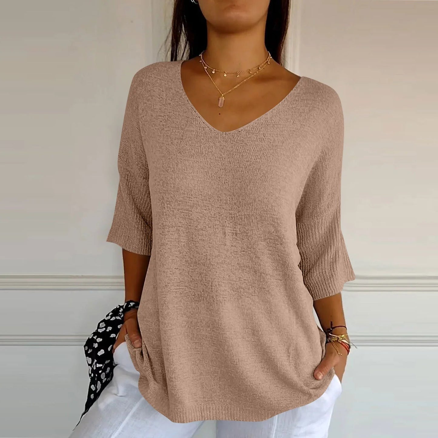 V-Neck Seven-Quarter Sleeve Knit Sweater