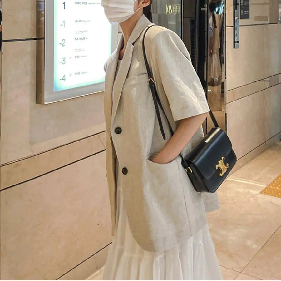 Vintage Short-Sleeve Cotton Linen Blazer
