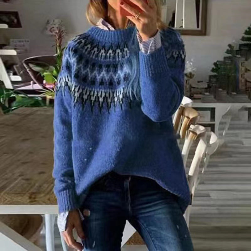 Round Neck Jacquard Retro Sweater