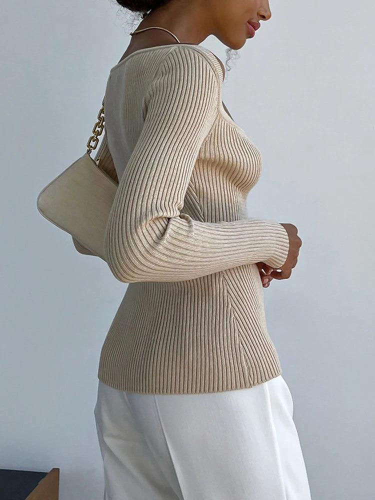 Square Collar Knit Long Sleeve Tee