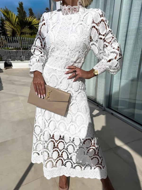 Lace Stand Collar Bubble Sleeve Dress