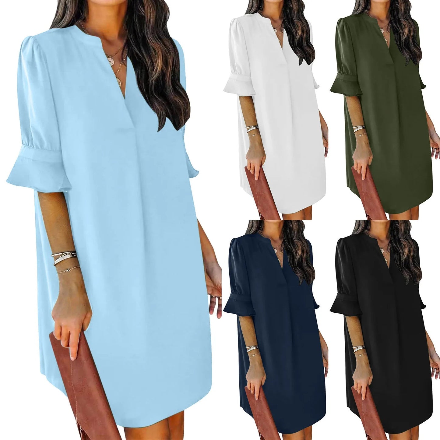 Solid Color Loose Fit V-Neck Pleated Short Sleeve Dress