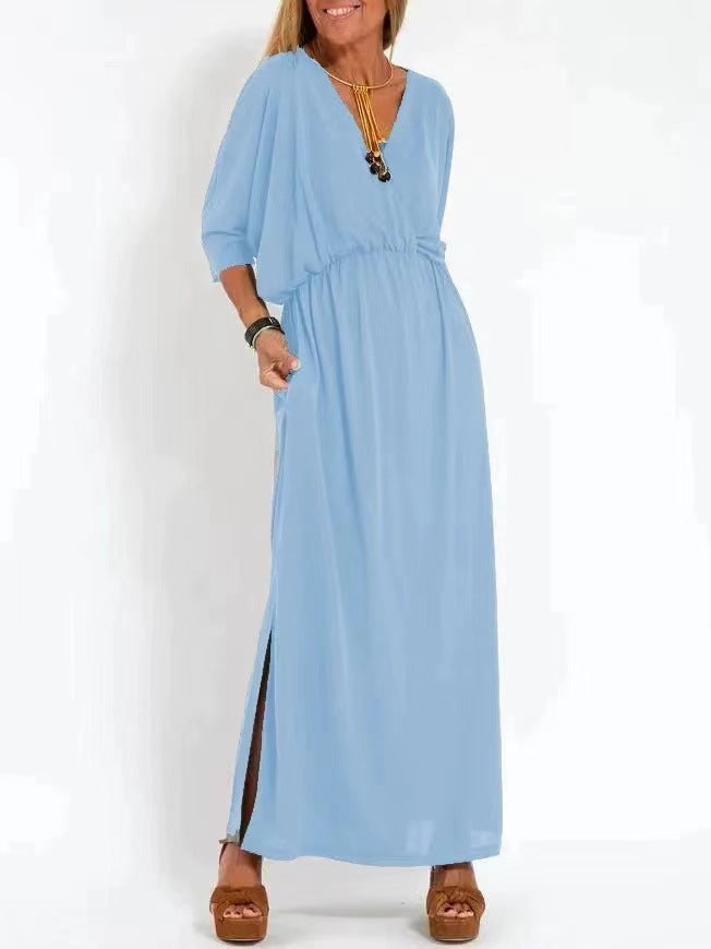 High-Waisted Split V-Neck Dress