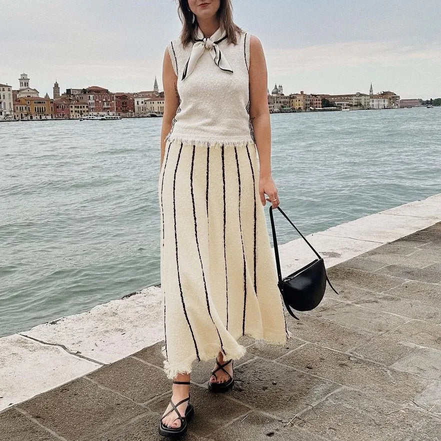 Elegant Striped Fringe Knitted Maxi Skirt