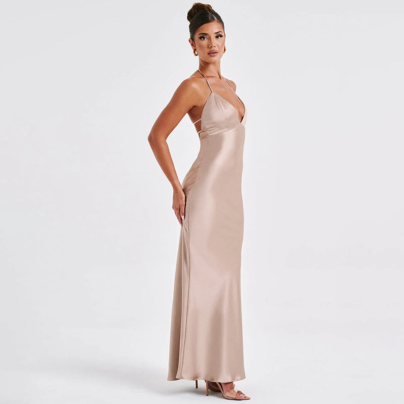 V-Neck Backless Long Slim Spaghetti Strap Gown Dress
