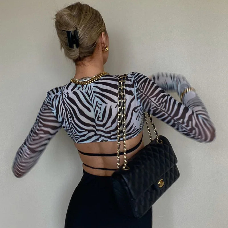 Zebra Print Long Sleeve Cropped Tops