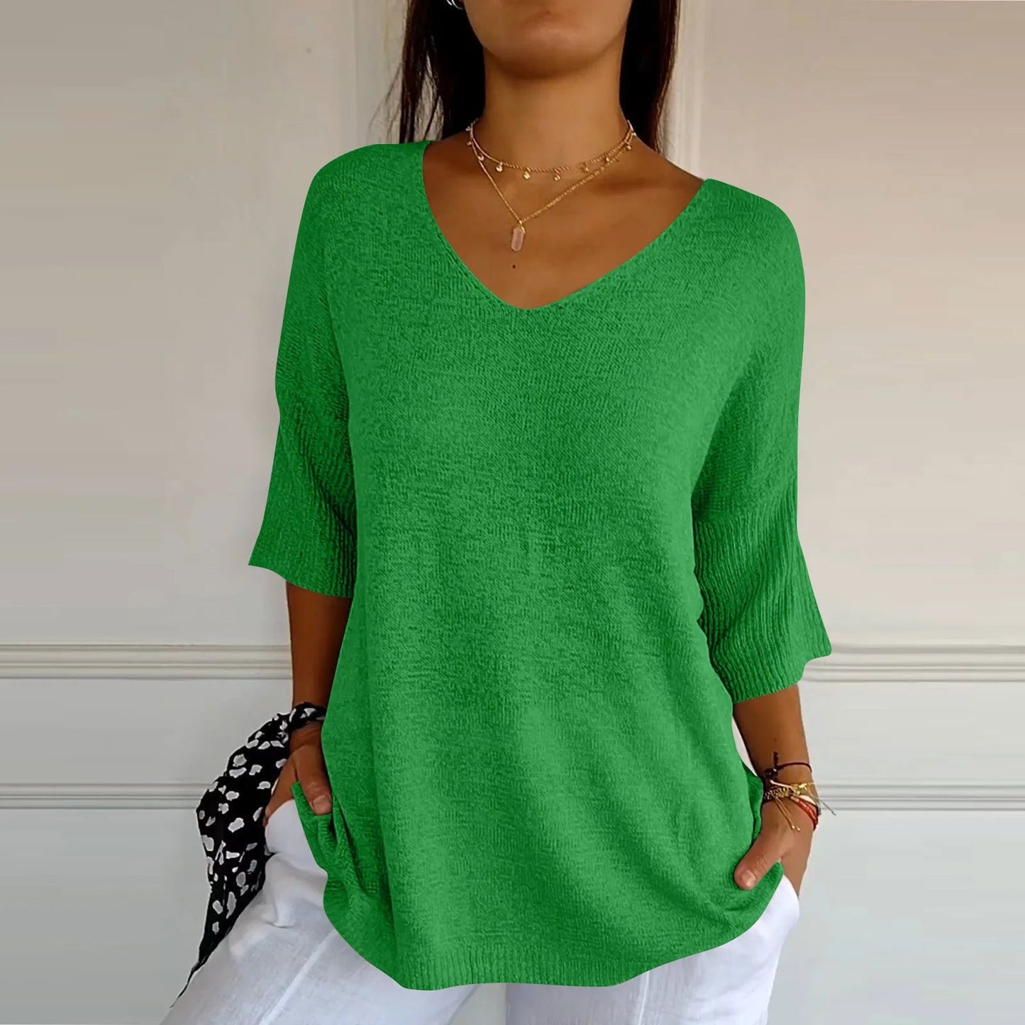 V-Neck Seven-Quarter Sleeve Knit Sweater