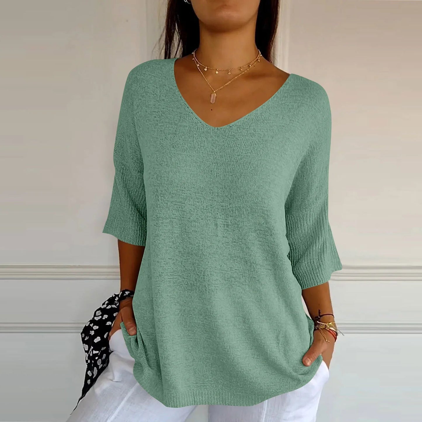 V-Neck Seven-Quarter Sleeve Knit Sweater