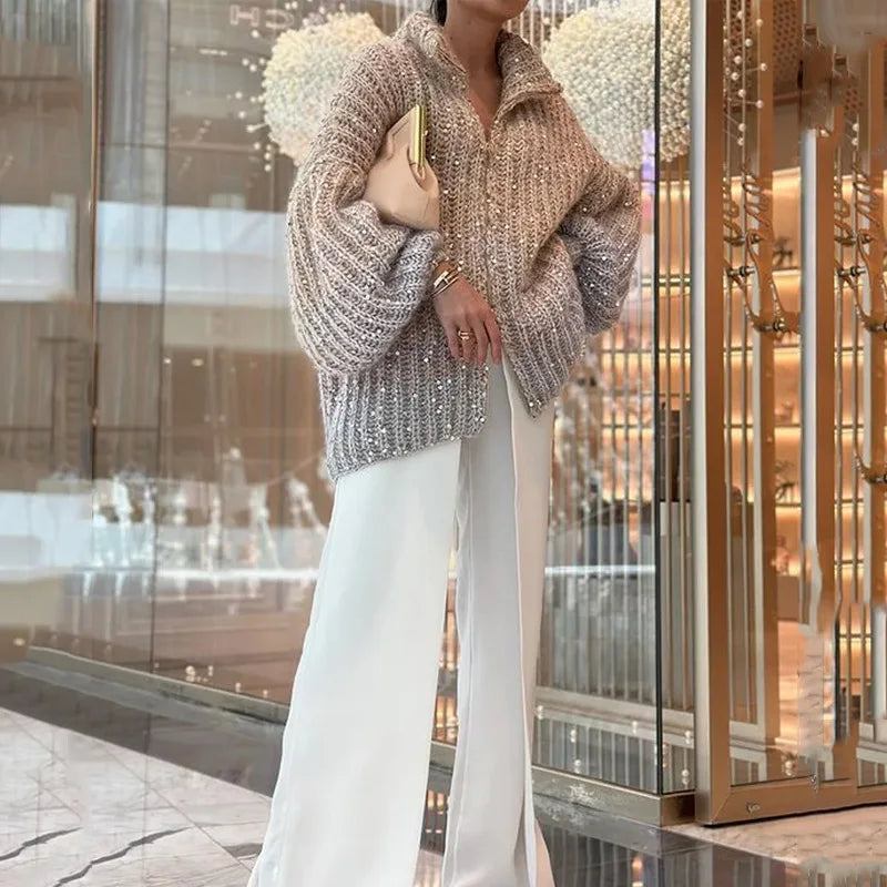 Sequined V-Neck Zipper Cardigan