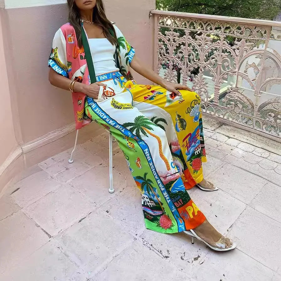 Graffiti Print Satin Two-Piece Set - Short Sleeve Shirt and Long Pants
