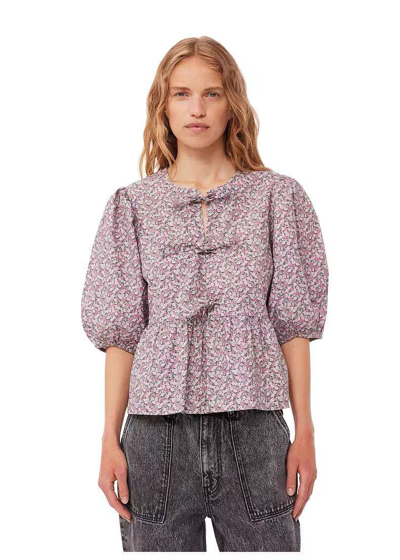 Leisure Leopard Print Hollow Out Lace-up Bubble Sleeve Women's Shirt
