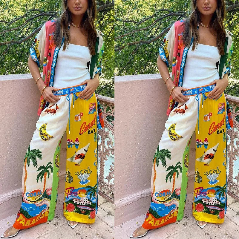 Graffiti Print Satin Two-Piece Set - Short Sleeve Shirt and Long Pants