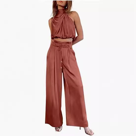 Sleeveless Crop Top with Stand Collar + Wide-Leg Two-Piece Set