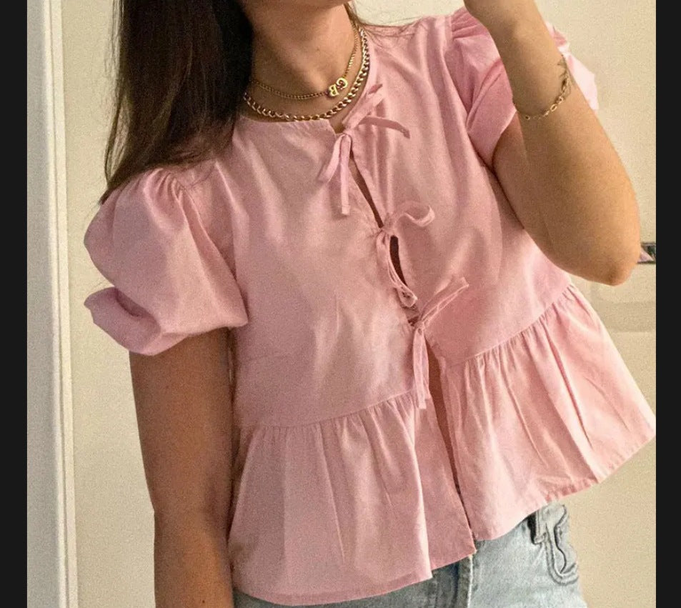 Leisure Leopard Print Hollow Out Lace-up Bubble Sleeve Women's Shirt