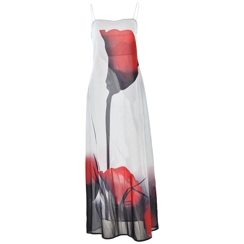 Printed Sheer Strap Camisole Dress