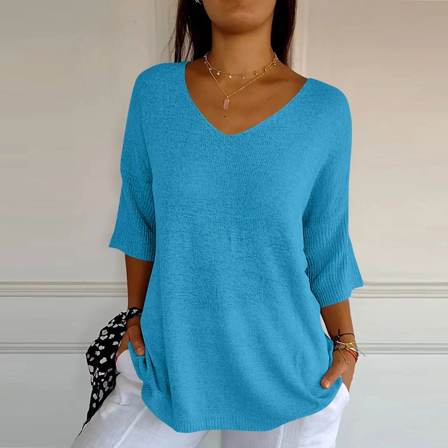 V-Neck Seven-Quarter Sleeve Knit Sweater