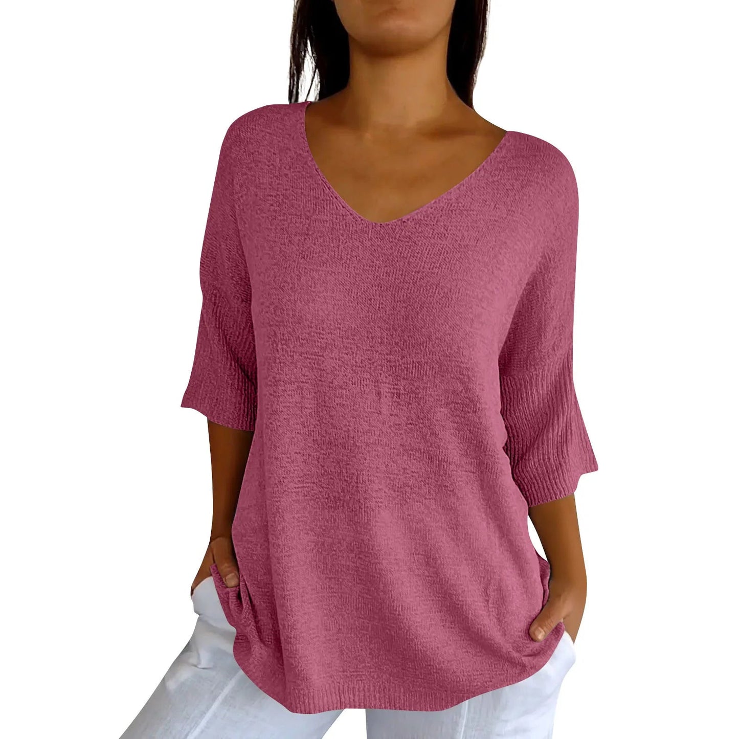 V-Neck Seven-Quarter Sleeve Knit Sweater