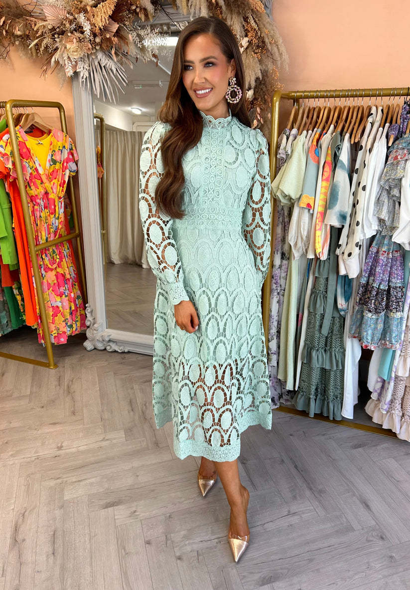 Lace Stand Collar Bubble Sleeve Dress