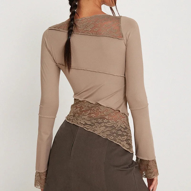 Lace Sheer Splice Long Sleeve Top