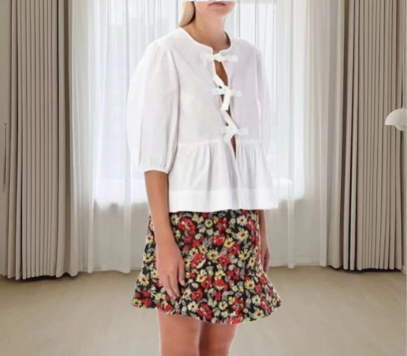 Leisure Leopard Print Hollow Out Lace-up Bubble Sleeve Women's Shirt