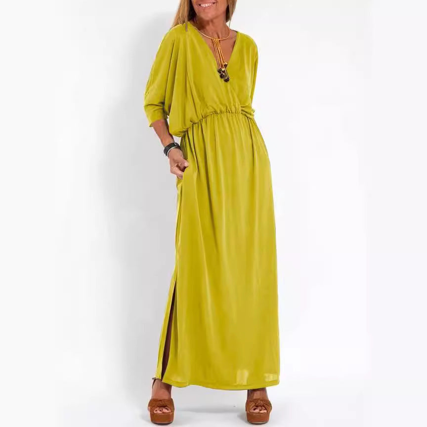 High-Waisted Split V-Neck Dress