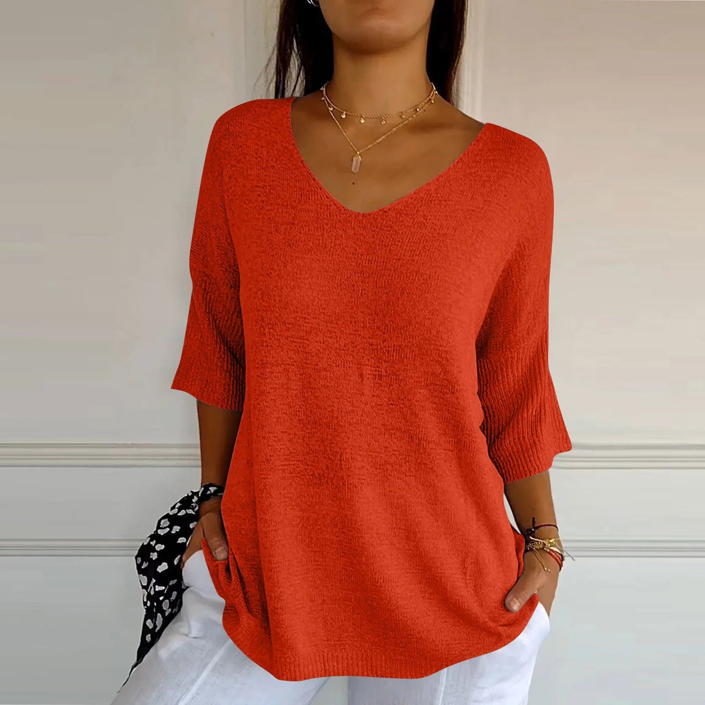 V-Neck Seven-Quarter Sleeve Knit Sweater