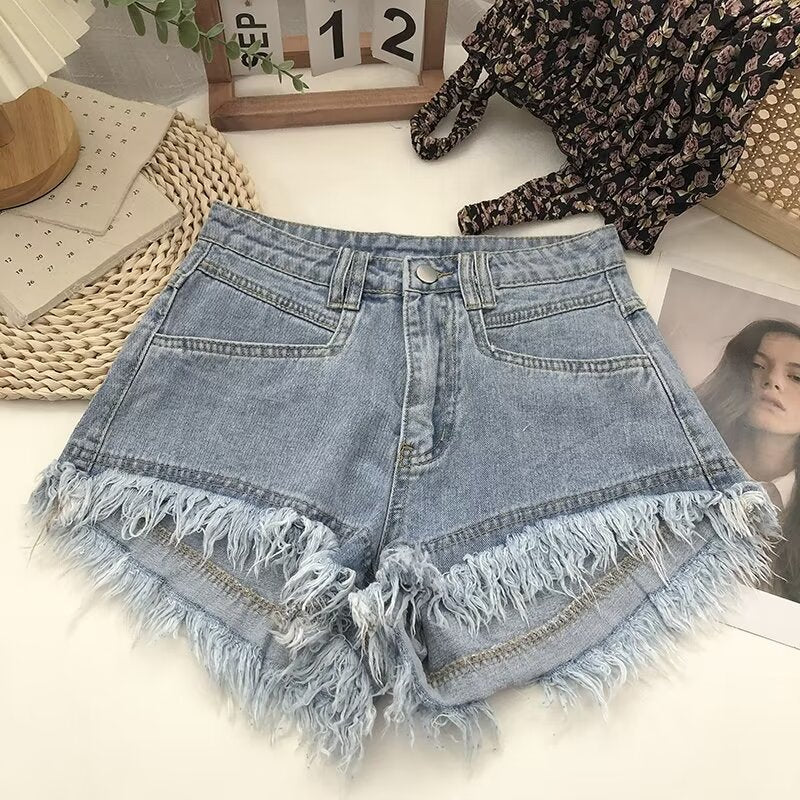 High-Waisted Tassel Hem Denim Shorts